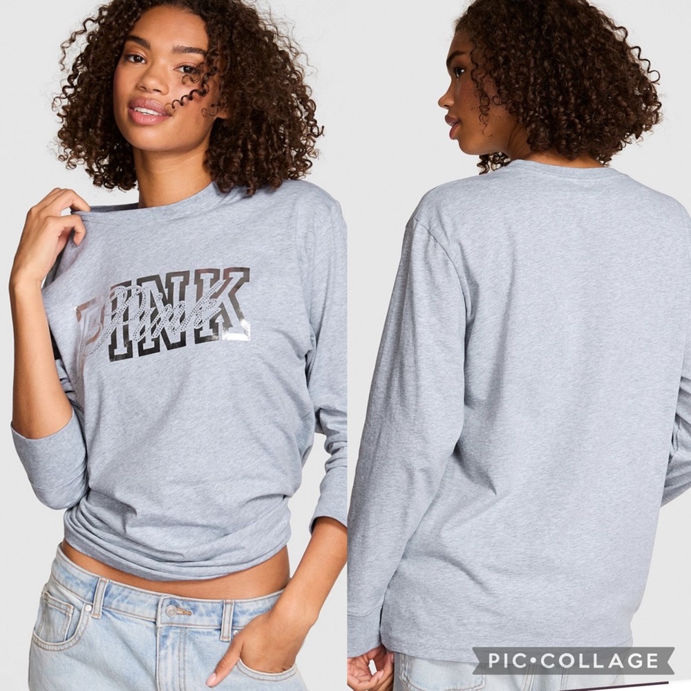 PINK Victoria's Secret Women's Light Gray Long Sleeve Tee